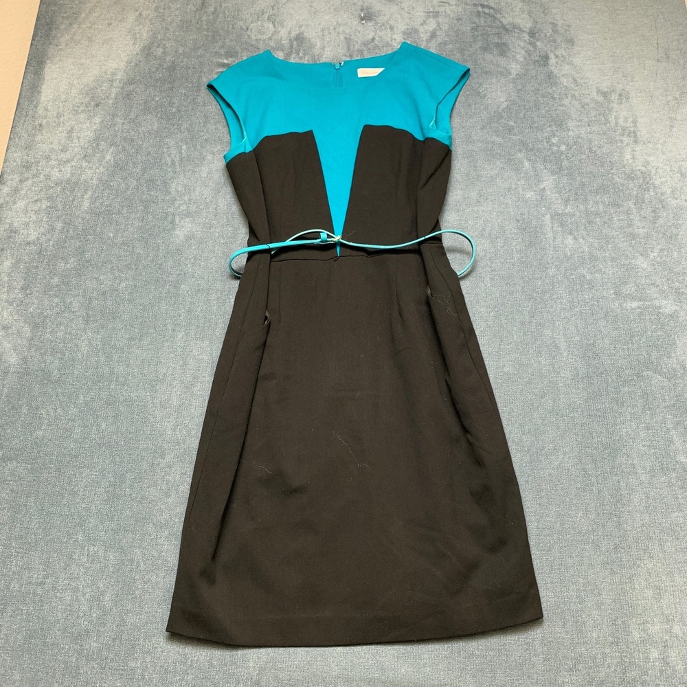 Calvin Klein Dress Women 10 Black Turquoise Belted Sleeveless Casual Back Zipper